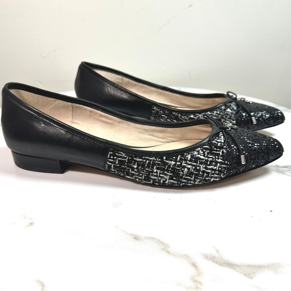 Sam Edelman Black Leather Tweed Glitter Pointed Toe Bow Flats Size 9 Preppy - Picture 2 of 7